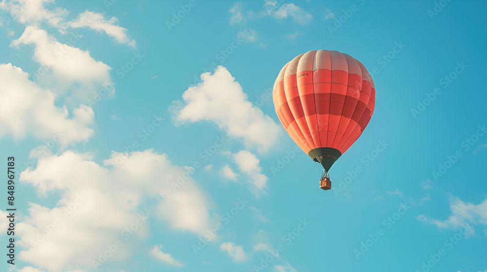 Fototapeta premium Red and white hot air balloons on the background of bright blue cloudy sky,on top of the balloons, inflate and float in the air,Beautiful balloon in the sky at sunset 