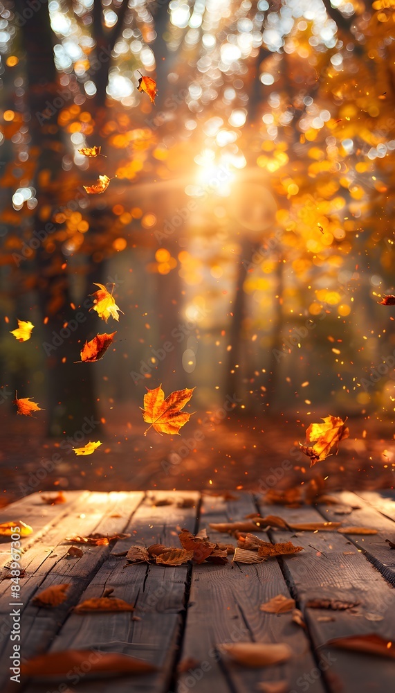 Autumn background with flying leaves on a wooden table in a forest at sunset