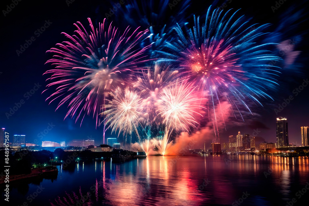 Festive fireworks exploding over bustling cityscape during 4th of July celebration Independence Day Festive fireworks exploding over bustling cityscape during 4th of July celebration Independence Day