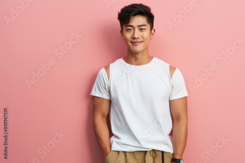 Portrait of a grinning asian man in his 30s donning a trendy cropped top over solid pastel color wall