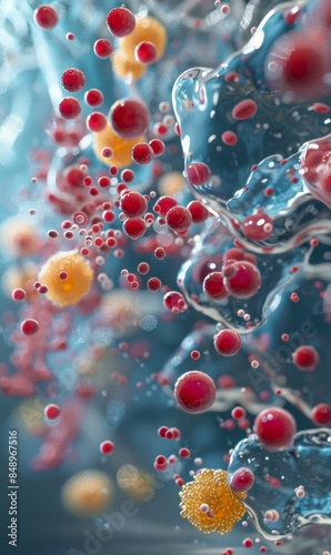 Detailed illustration of a nanoparticle-based drug delivery system Nanoparticles are shown delivering pharmaceutical drugs to targeted cells within the body