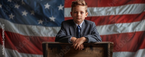 Serious young politician leaning on wooden box with american flag in the background