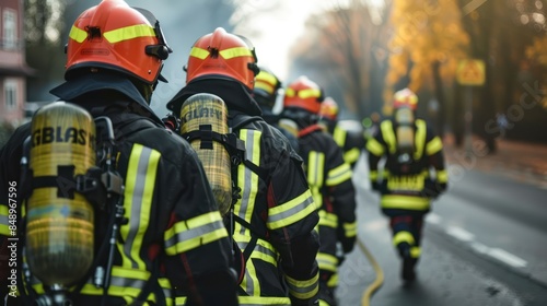 Team of firefighters wearing gear responding to an emergency situation
