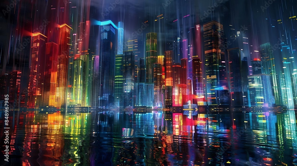 a futuristic cityscape featuring a towering skyscraper, a bustling street, and a bustling river flowing through it a futuristic cityscape featuring a towering skyscraper, a bustling street, and a bustling river flowing through it