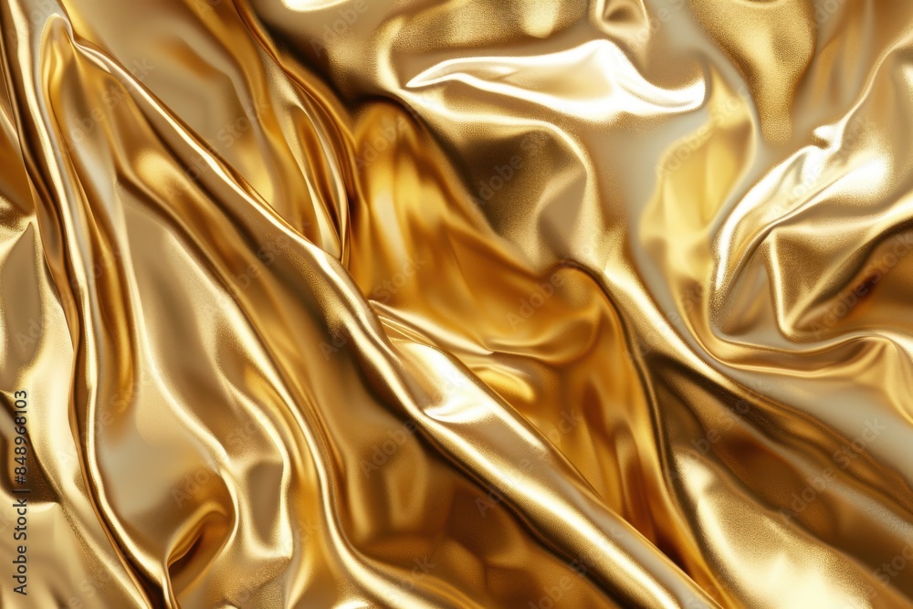 Fototapeta premium A gold fabric with a shiny texture. The fabric is draped over a surface, creating a sense of luxury and elegance