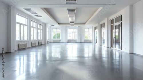 The image shows an empty room with white walls and a gray floor. There are windows on one side of the room and a door on the other. photo