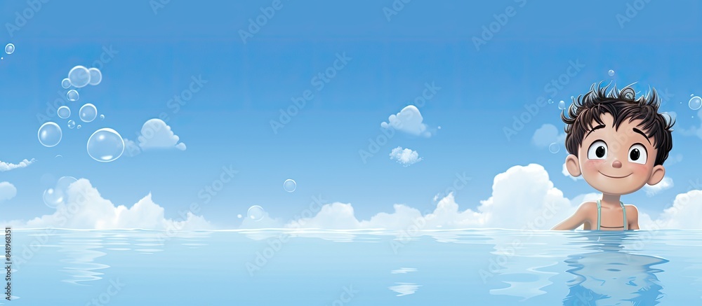 A cheerful boy enjoying a swim with a backdrop of a clear blue sky in a pool with a vast empty space for text or other visuals ideal for presentations or advertisements. Copy space image A cheerful boy enjoying a swim with a backdrop of a clear blue sky in a pool with a vast empty space for text or other visuals ideal for presentations or advertisements. Copy space image