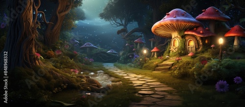 Enchanting forest path with whimsical elements like wild animals a tiny mushroom house and mist creating a fairy tale ambiance suitable as a background copy space image