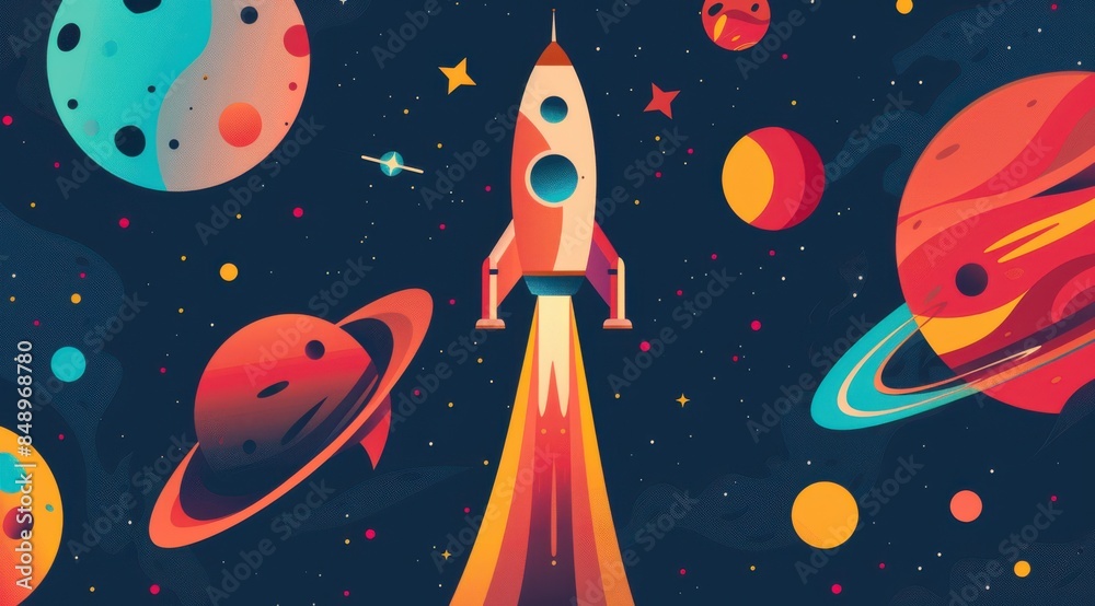 A colorful space scene drawing with a rocket flying through it. The rocket is the main focus of the image, and it is surrounded by planets and stars. Scene is one of wonder and excitement A colorful space scene drawing with a rocket flying through it. The rocket is the main focus of the image, and it is surrounded by planets and stars. Scene is one of wonder and excitement