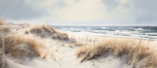 Copy space image of a wintry scene on the Baltic Sea coast featuring sand dunes marram grass and a stormy sea
