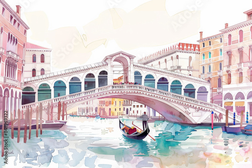 Bella pintura de acuarela de tonos pastel suaves azules, rosas  y naranjas de una escena cotidiana en los canales de venecia en el puente de rialto con una gondola pasando por debajo