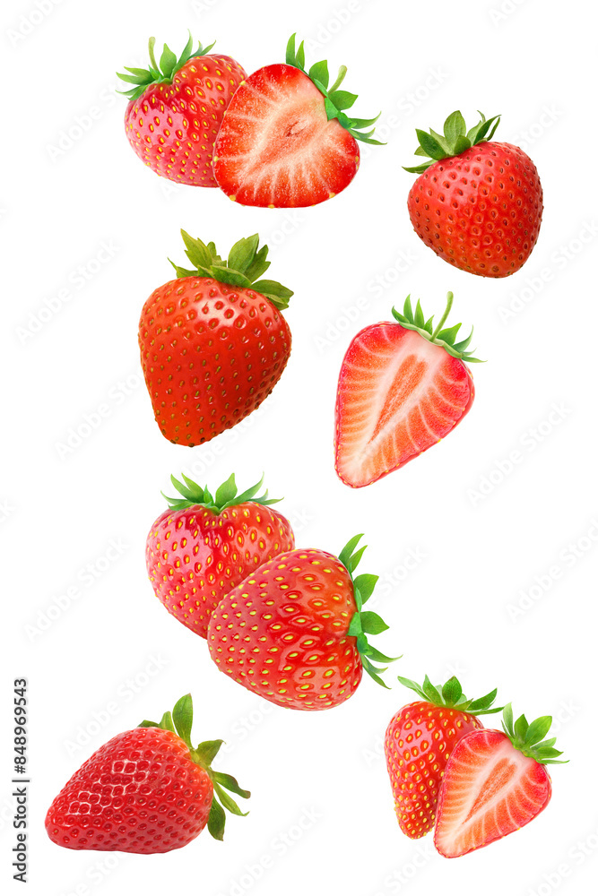 Falling strawberry fruits whole and cut in half isolated on transparent background Falling strawberry fruits whole and cut in half isolated on transparent background