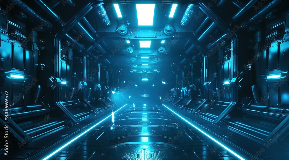 Futuristic Sci-Fi Corridor with Blue Neon Lights Futuristic Sci-Fi Corridor with Blue Neon Lights
