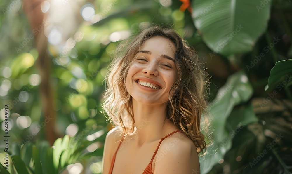 Young Woman Smiling in Lush Greenery , Generative AI Young Woman Smiling in Lush Greenery , Generative AI