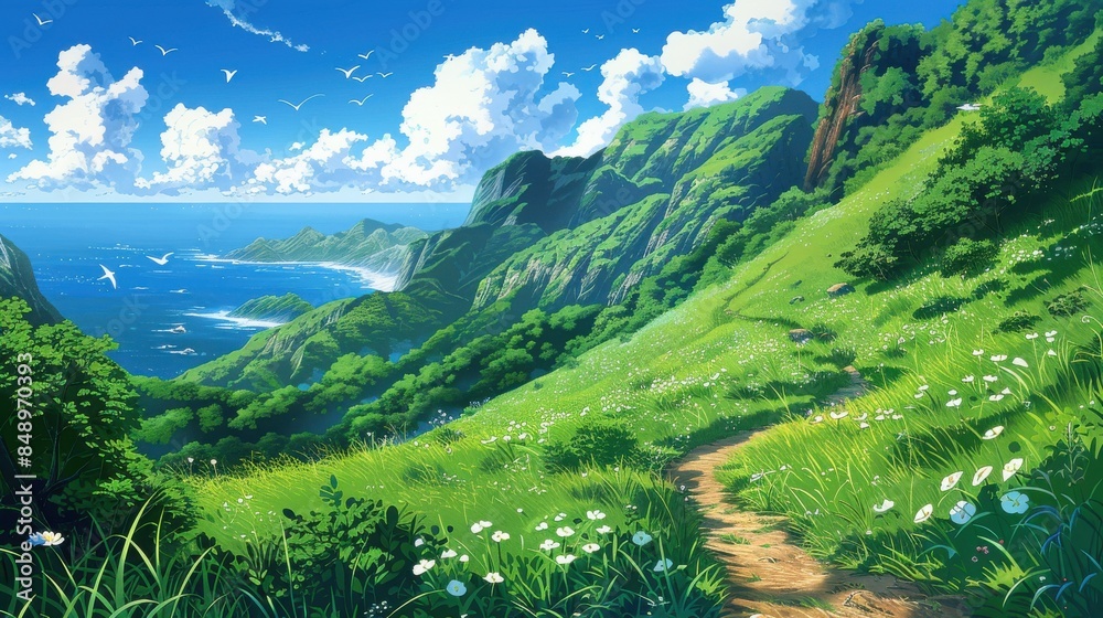 Obraz premium A beautiful landscape with a green hillside and a blue ocean in the background. The sky is cloudy, but the overall mood of the image is peaceful and serene