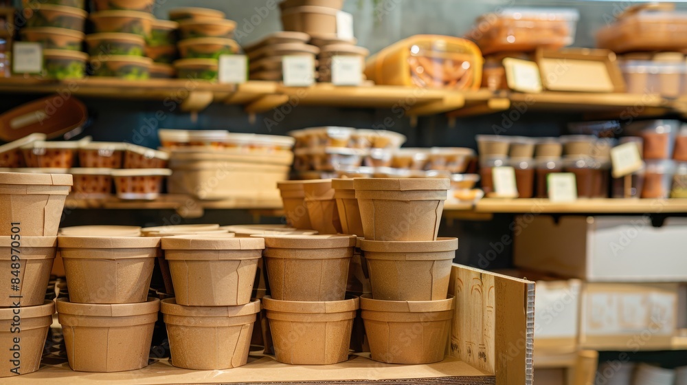 Food containers made of cardboard displayed in a store Food containers made of cardboard displayed in a store