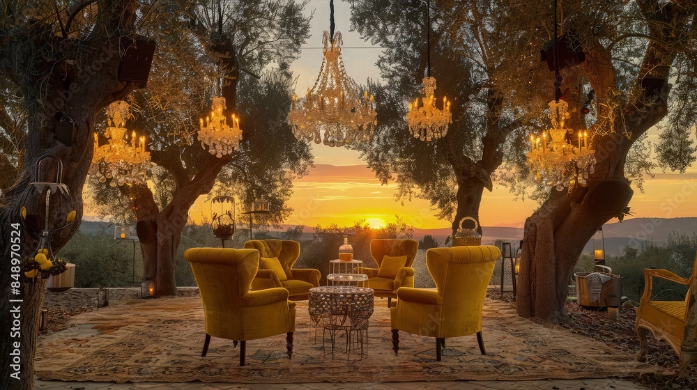 Obraz premium A chic cocktail enclave with mustard yellow velvet armchairs on rustic jute rugs, crystal chandeliers hanging from olive trees, casting a golden hue