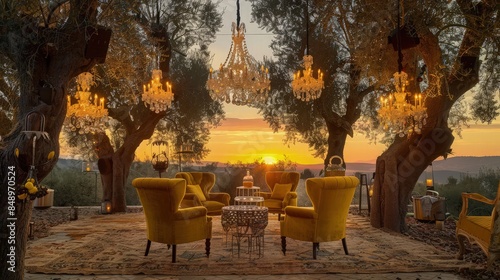 A chic cocktail enclave with mustard yellow velvet armchairs on rustic jute rugs, crystal chandeliers hanging from olive trees, casting a golden hue 