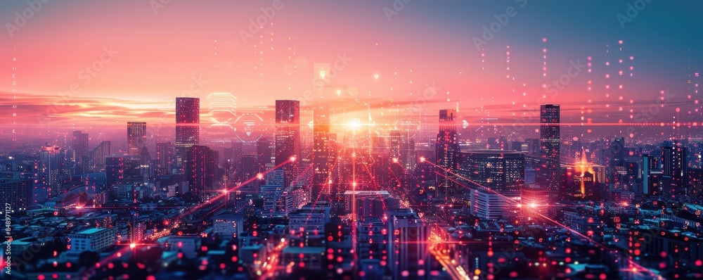 A futuristic digital cityscape illuminated by AI driven holographic displays. A futuristic digital cityscape illuminated by AI driven holographic displays.