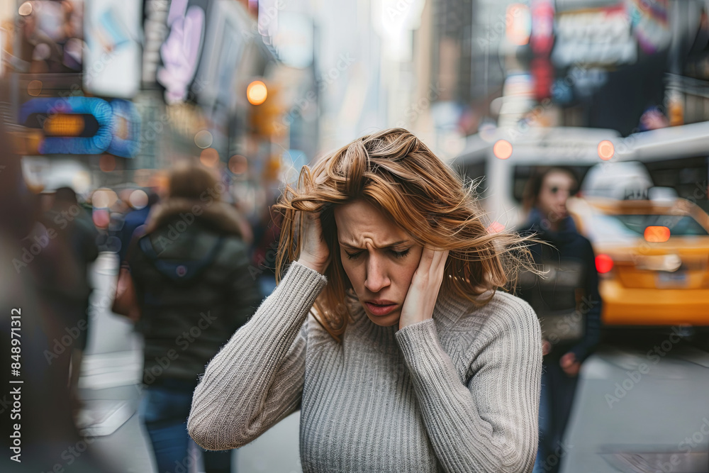 Anxious woman experiencing a panic attack on a crowded city street, feeling isolated Anxious woman experiencing a panic attack on a crowded city street, feeling isolated