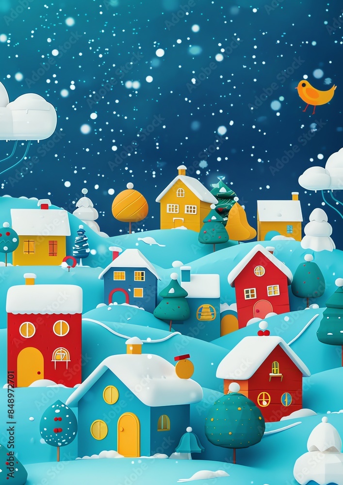 Fototapeta premium 3d, a greeting card with houses and trees in the snow, colorful cartoon illustration of smiling characters, bold lines, simple shapes, flat design, textured illustrations, Christmas theme,