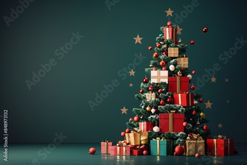 Christmas tree decorated with red and gold ornaments and wrapped presents stands in front of a green background