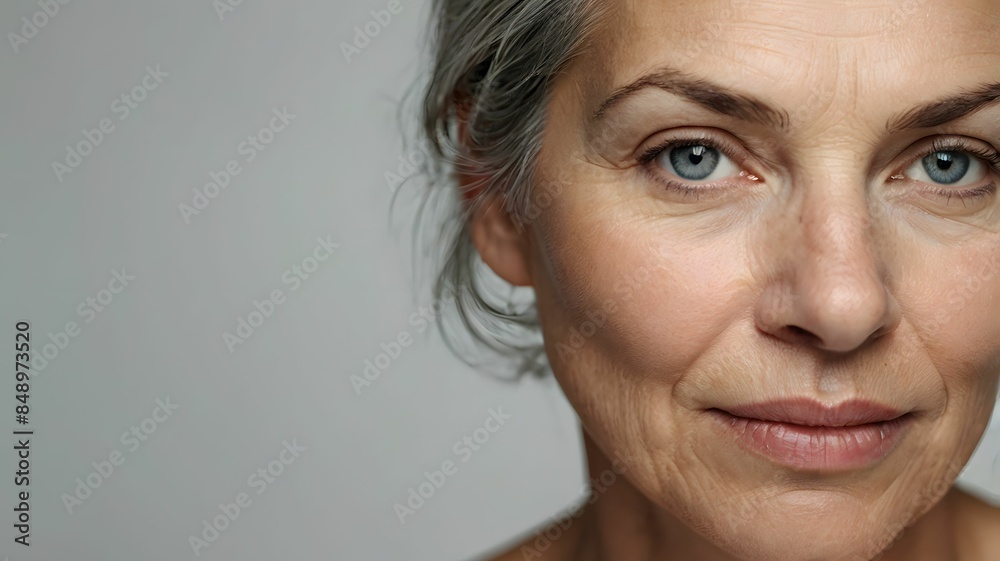 Close up of attractive pretty gorgeous senior middle-aged woman face with beauty, stunning beautiful skin without or no make-up , age gracefully with natural beauty Close up of attractive pretty gorgeous senior middle-aged woman face with beauty, stunning beautiful skin without or no make-up , age gracefully with natural beauty
