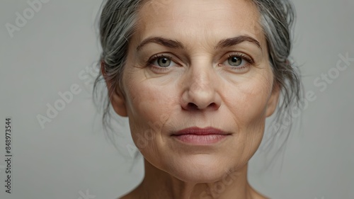 Close up of attractive pretty gorgeous senior middle-aged woman face with beauty, stunning beautiful skin without or no make-up , age gracefully with natural beauty