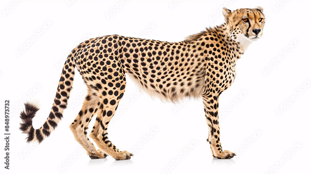 Fototapeta premium Cheetah walking isolated in white background in Kgalagadi transfrontier park, South Africa; Specie Acinonyx jubatus family of Felidae