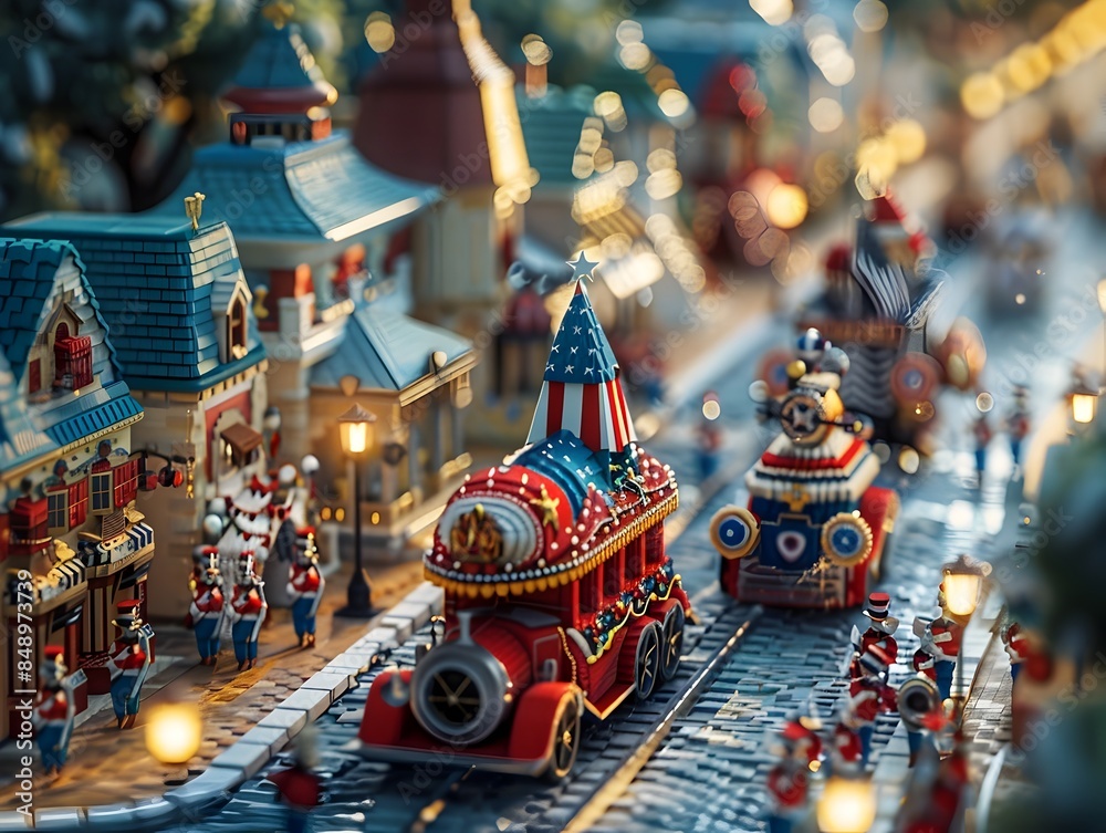 Fototapeta premium Patriotic Parade with Festive Floats Marching Bands and Vibrant Red White and Blue in a 3D Rendered