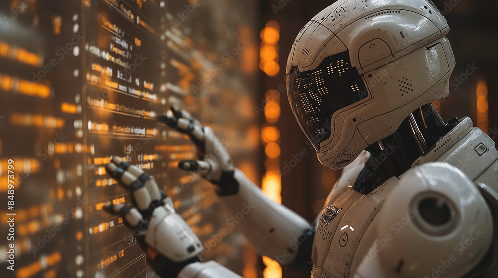 Fototapeta premium A robot is touching a computer screen with its hands