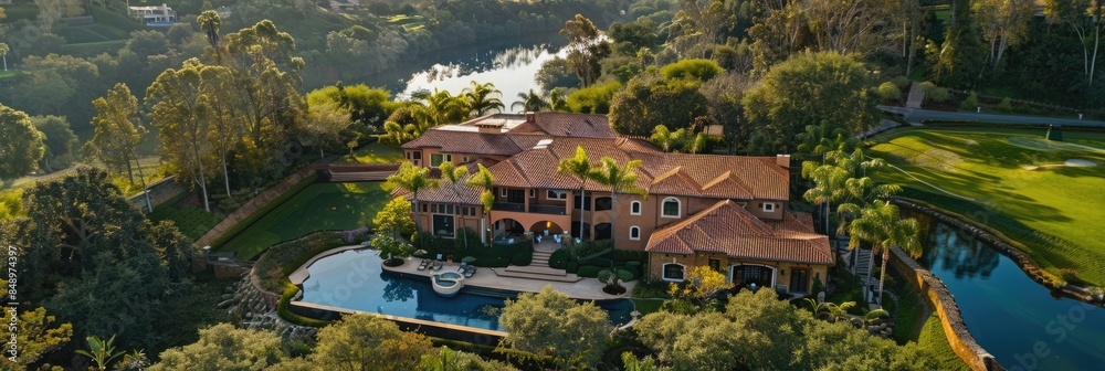 Obraz premium Aerial and Drone Photography luxurious residential property, featuring a well-maintained house with a pool and landscaped garden