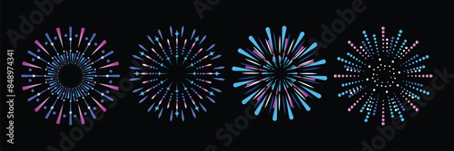 Set of colorful fireworks Isolated on a black background. Design concept for holiday banner, poster, greeting card and celebration background.