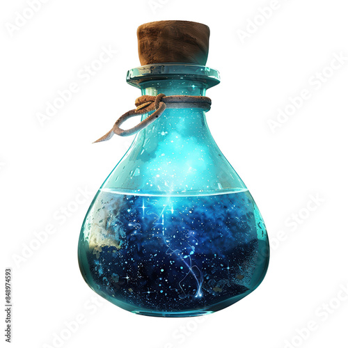 Mystical blue potion in glass bottle with cork, glowing magic liquid, fantasy elixir concept, isolated on white background.