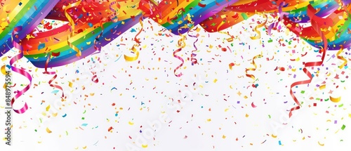 A cheerful Pride Day scene with colorful confetti and rainbow streamers cascading against a white background, perfect for a festive banner photo