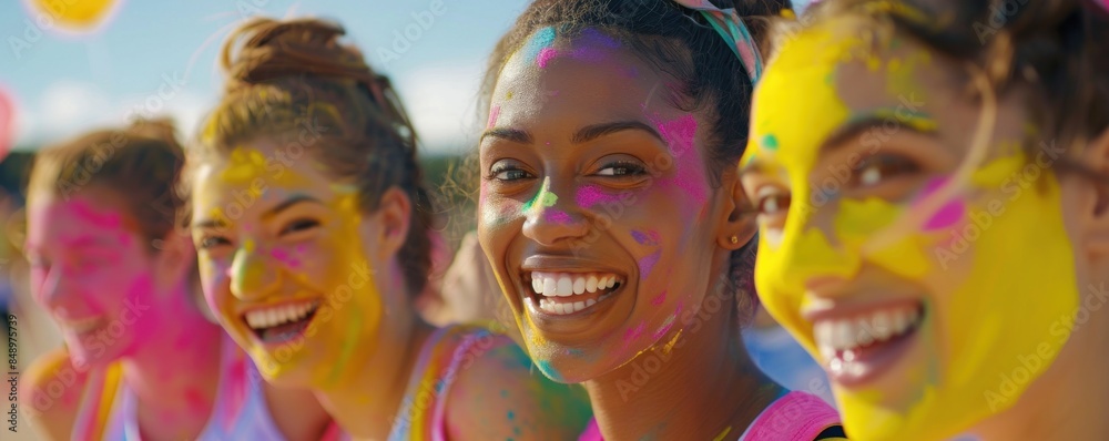 Group of joyful women covered in vibrant colors, celebrating at a color run event, capturing the essence of fun and togetherness. Group of joyful women covered in vibrant colors, celebrating at a color run event, capturing the essence of fun and togetherness.