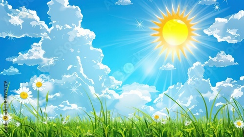 A cheerful summer scene with a clear blue sky, fluffy white clouds, and a shining sun, perfect for a banner