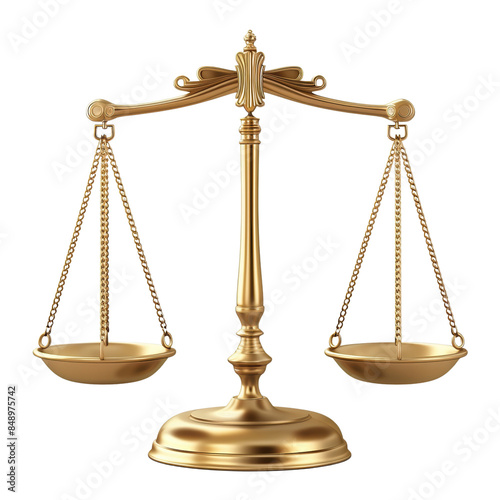 Golden scales of justice isolated on a white background, representing law, balance, and fairness in legal concepts and judicial symbols.