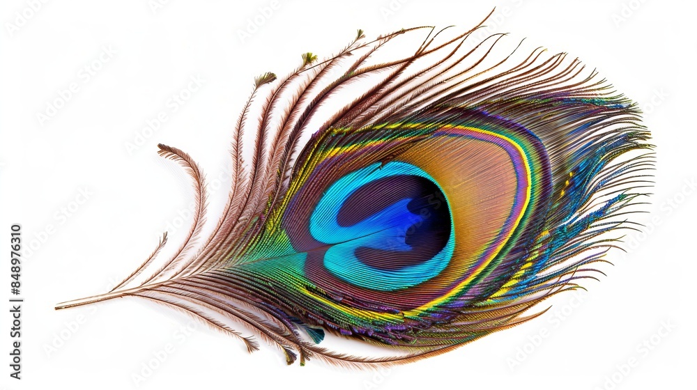 Fototapeta premium peacock feather with vibrant color on white background