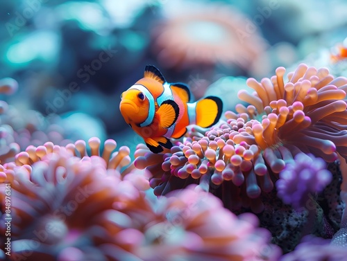 Vibrant Clownfish Swimming Amidst Colorful Sea Anemone in Underwater Seascape © Thares2020
