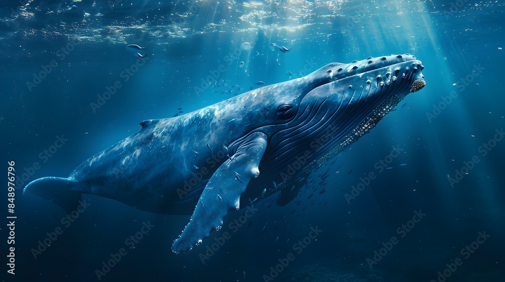 Fototapeta premium Majestic Blue Whale Cruising Through Deep Blue Ocean Waters