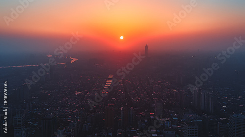 Wallpaper Mural A city skyline with a large sun in the sky Torontodigital.ca