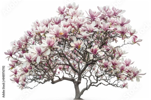 A colorful magnolia tree with large, fragrant white and pink flowers isolated on a white background © JK_kyoto