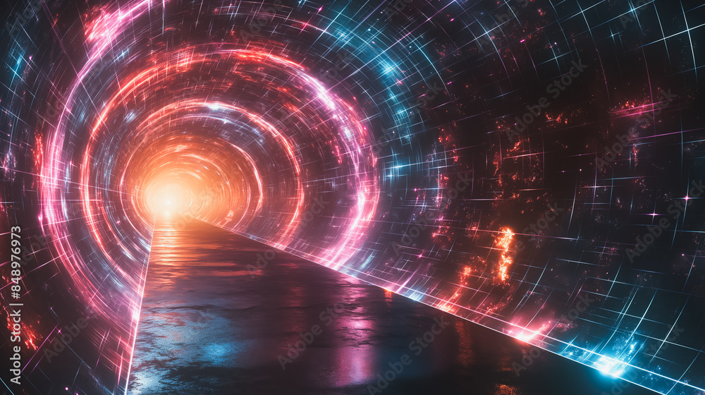 A tunnel with a bright blue and red light shining down on it A tunnel with a bright blue and red light shining down on it