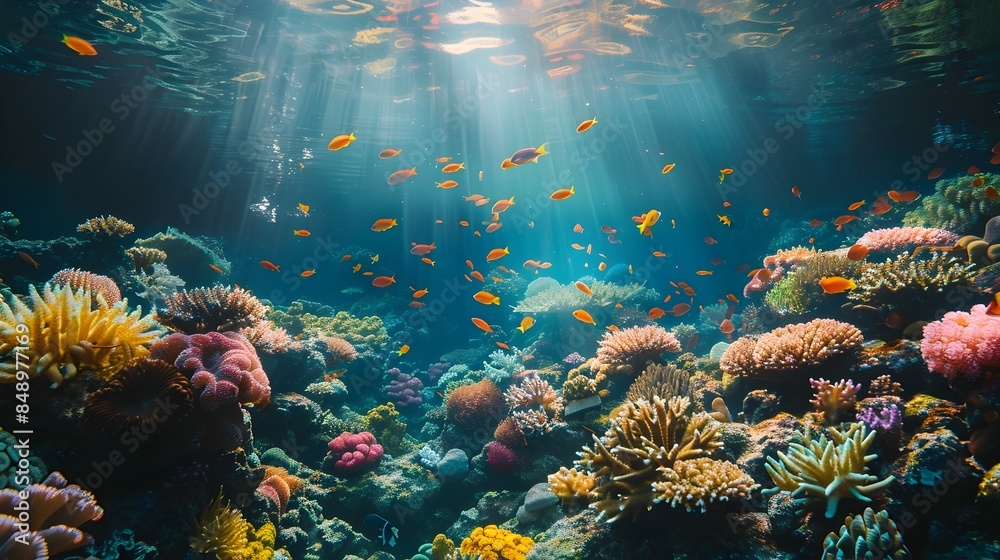 Serene Underwater Seascape with Diverse Array of Vibrant Marine Life Thriving Among Colorful Coral Serene Underwater Seascape with Diverse Array of Vibrant Marine Life Thriving Among Colorful Coral