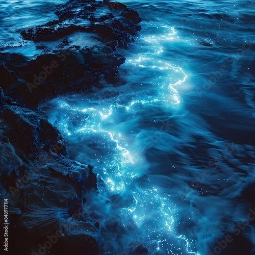 Ethereal Bioluminescent Plankton Glowing in the Nighttime Ocean