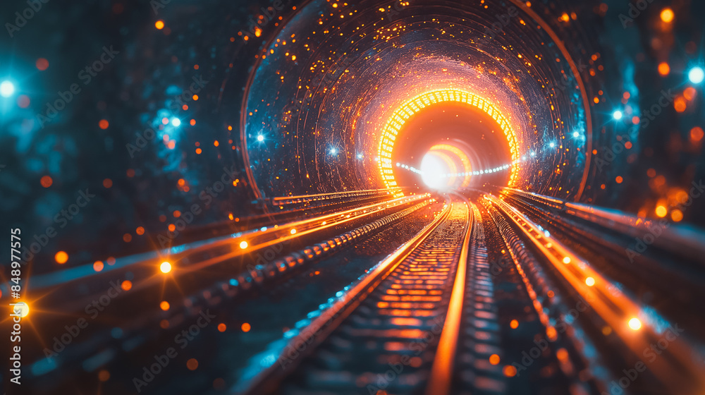 Fototapeta premium A tunnel with a train going through it. The tunnel is lit up with bright colors and has a futuristic feel to it