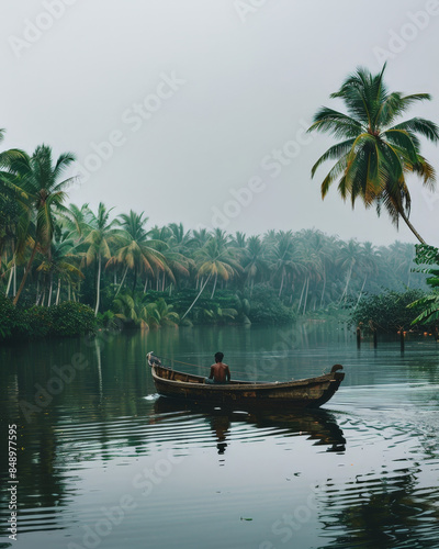 A serene image captured in a tropical setting with an african person calmly paddling a wooden boat amidst fog-surrounded palm trees © Issaka
