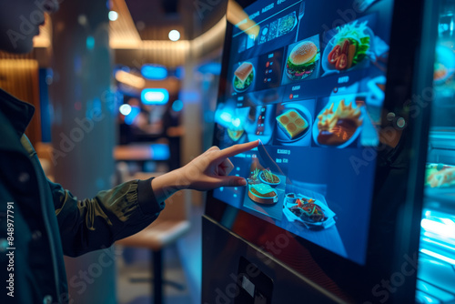 Person using a digital touchscreen kiosk to select food items in a modern fast-food restaurant, highlighting technology in dining.