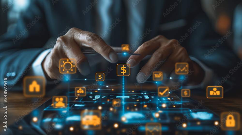 A man is using a tablet with a lot of icons on it. The icons include a car, a house, a person, and a dollar sign A man is using a tablet with a lot of icons on it. The icons include a car, a house, a person, and a dollar sign